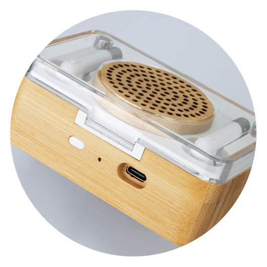Bamboo Wireless Speaker Earbud Sets Detail